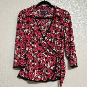 Russell Kemp Wrap Blouse Top Pink Black White Polka Dot‎ 3/4 Sleeve Tie L